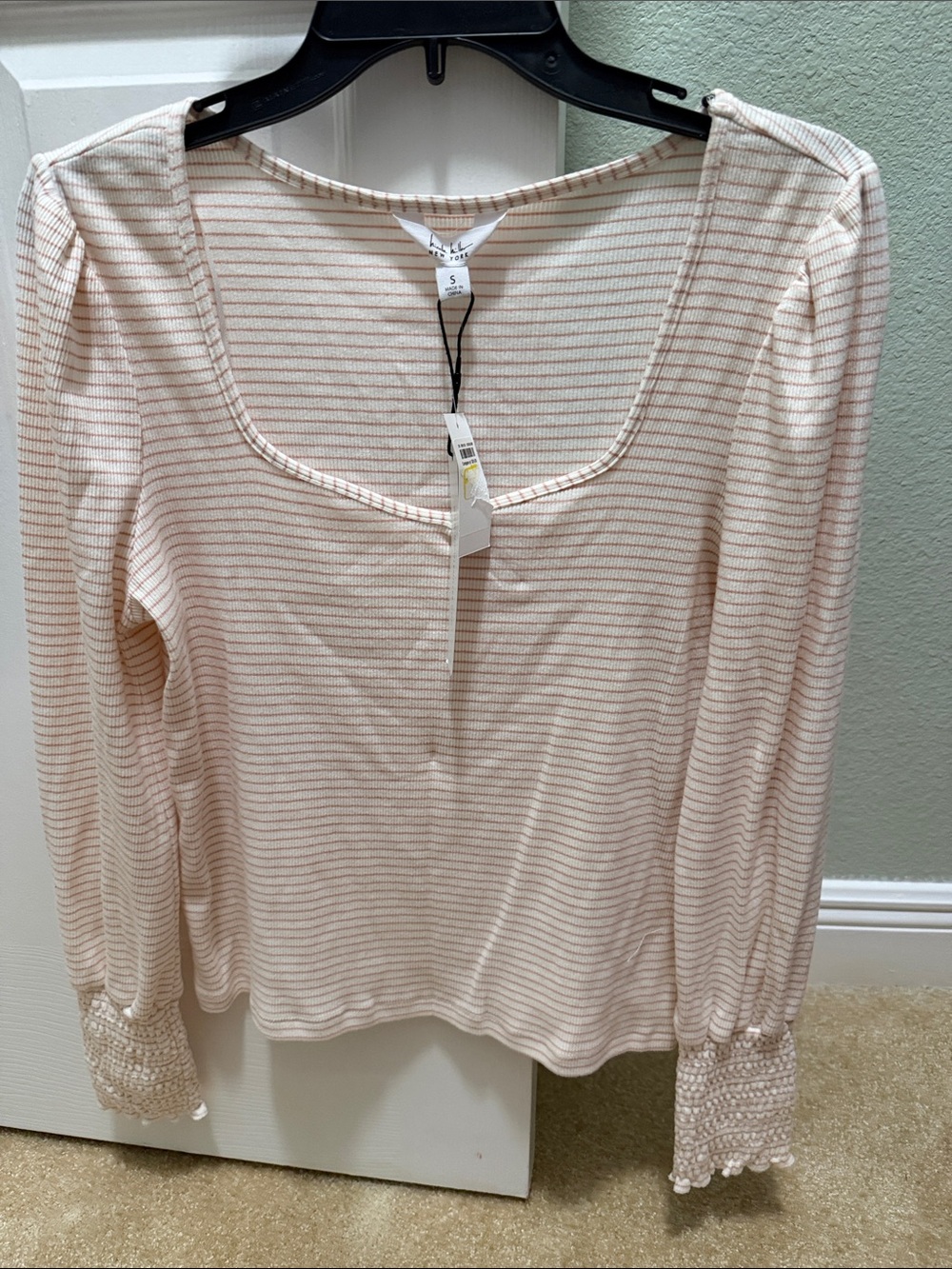 Nicole Miller Soft Pink and Cream Striped Long-Sleeve Scoop Neck Top